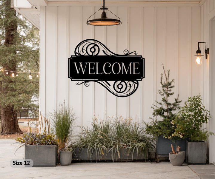 Black metal welcome sign front door
