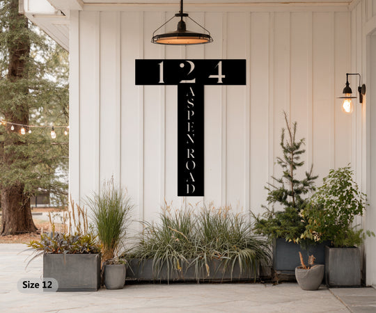 Eye-catching vertical metal house number sign showcases modern address numbers and street name as the loudest element, offering a unique decoration wall art piece.