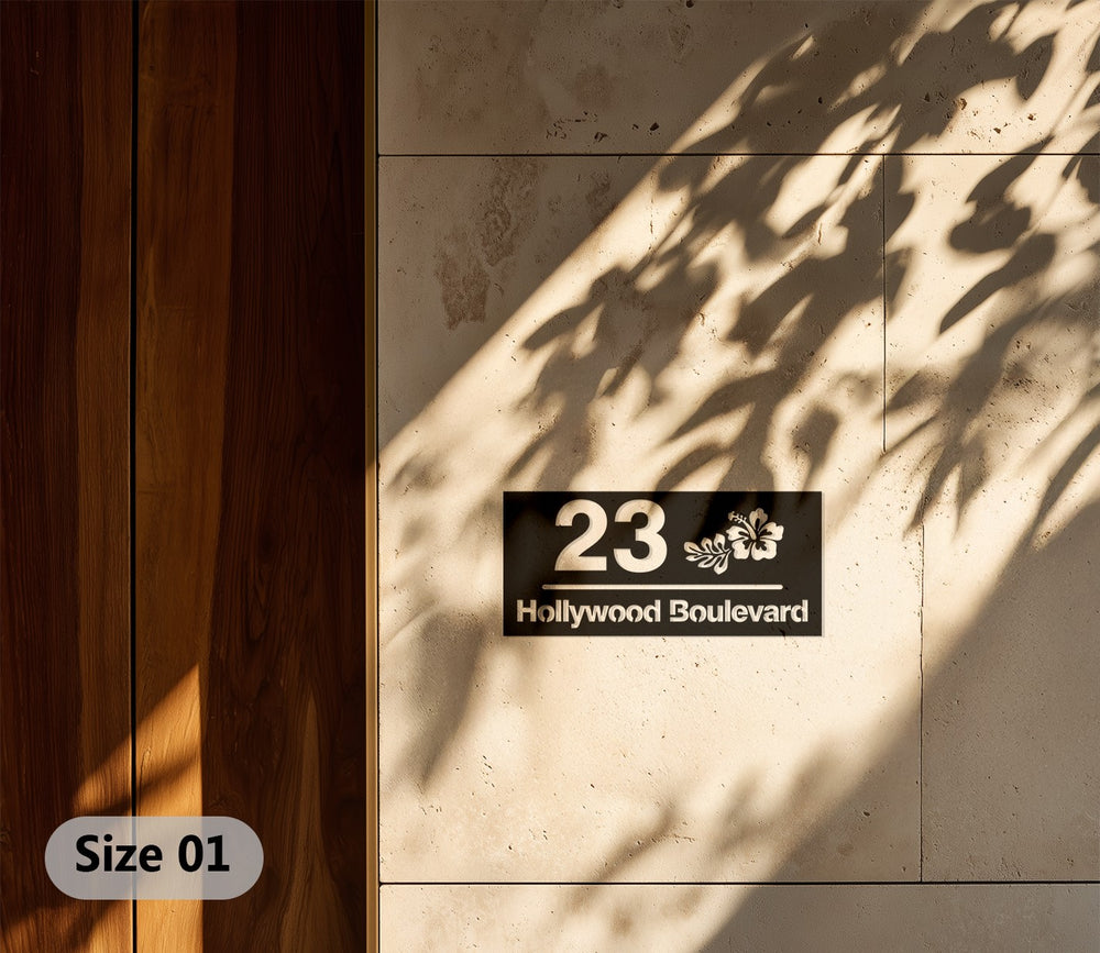 Modern metal address plaque with floral accent