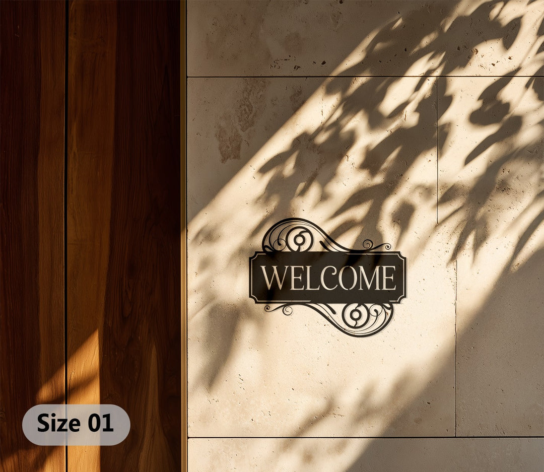 Classic scroll welcome metal wall art