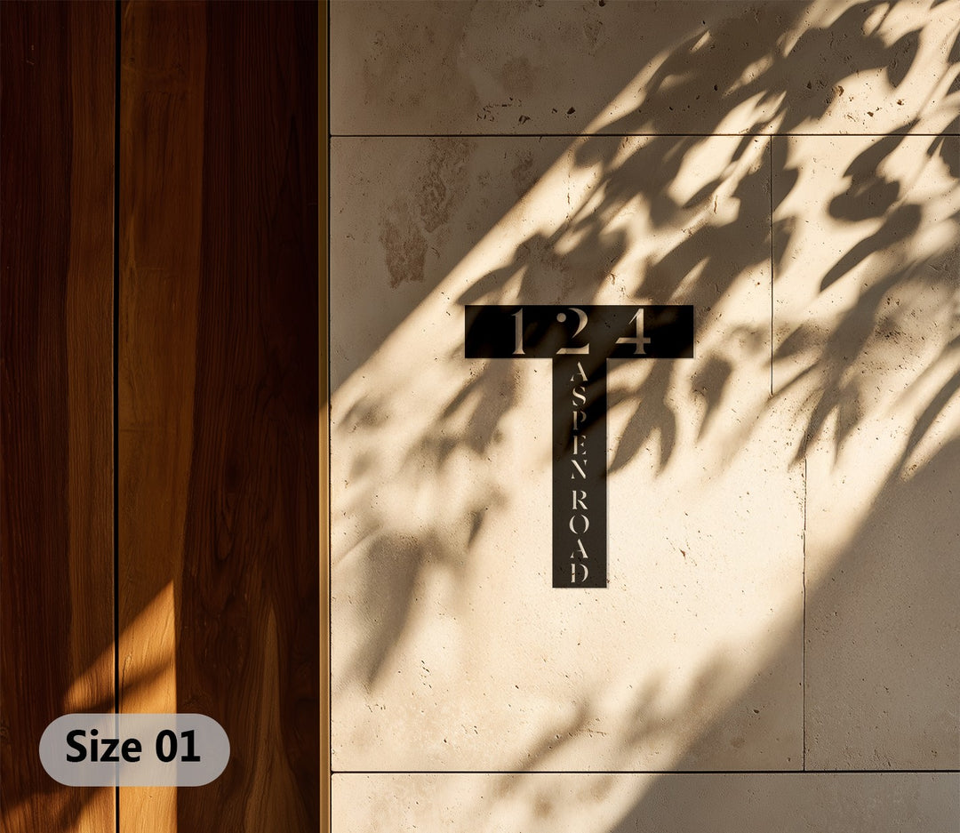 Minimalist T shaped vertical house numbers metal