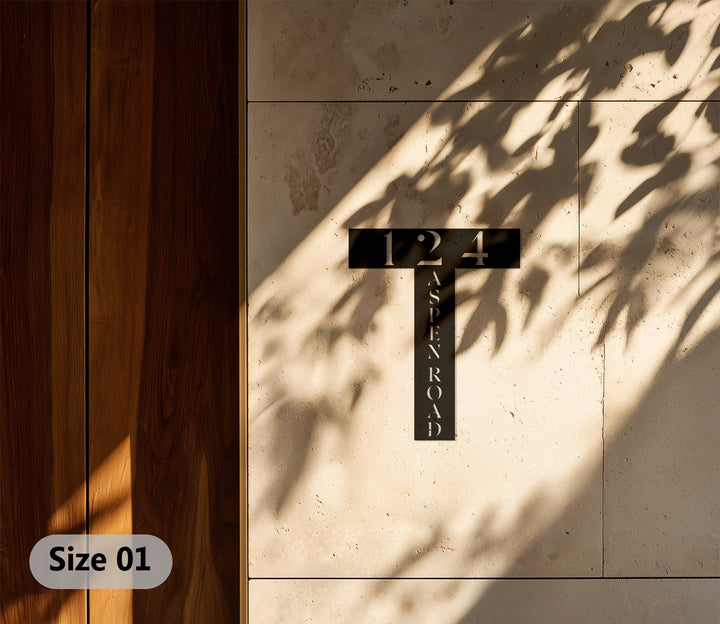Minimalist T shaped vertical house numbers metal