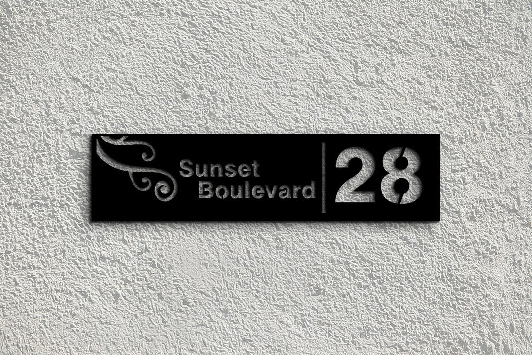 Black metal street name house number sign