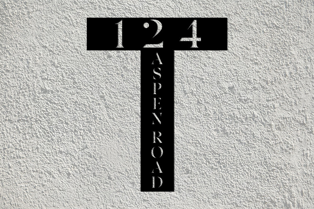 Black T shaped metal house number street display