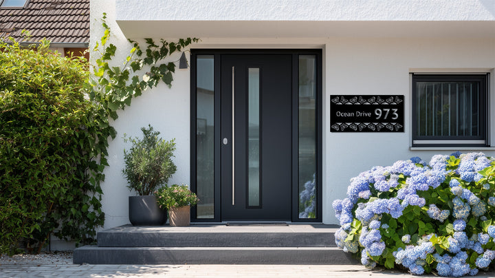 Butterfly metal house number sign with street name