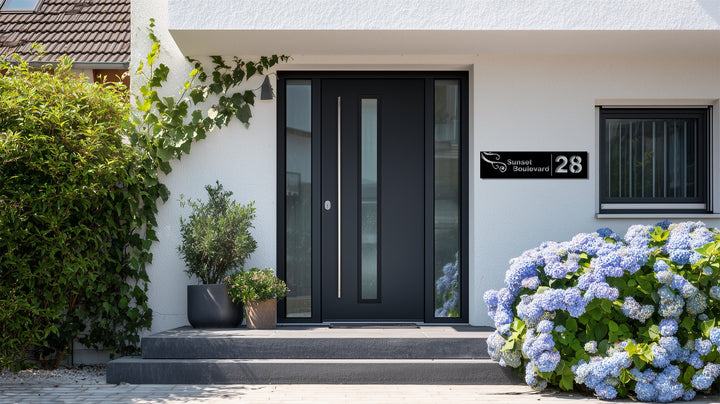 Modern metal address plaque with scroll detail