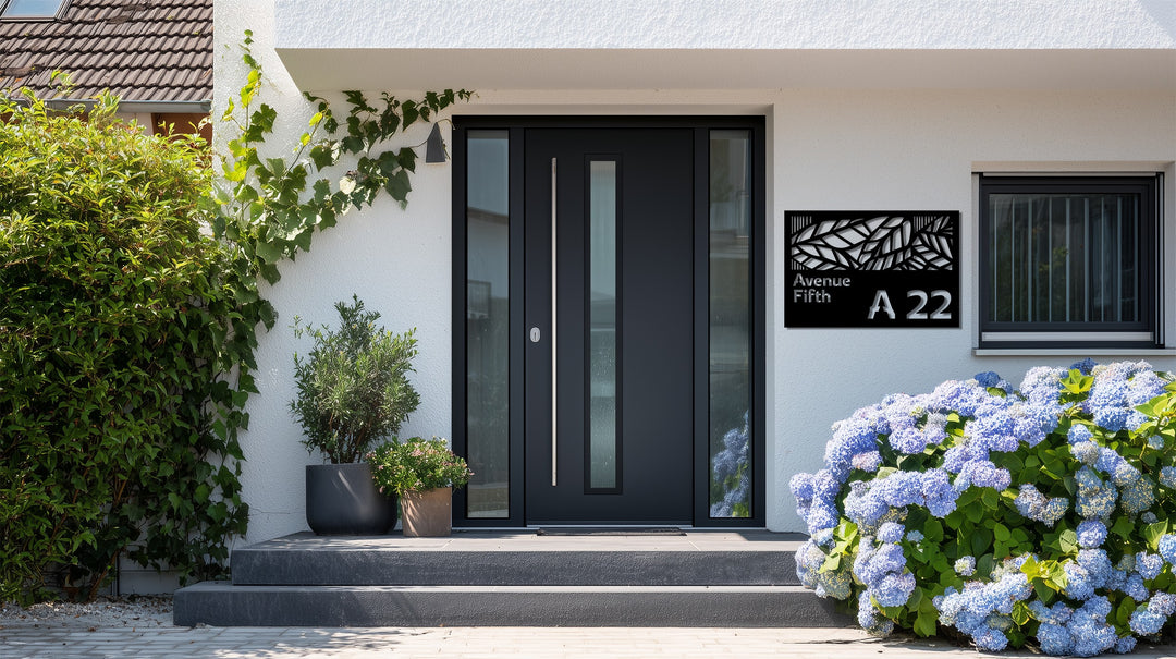 Contemporary outdoor metal address leaf pattern