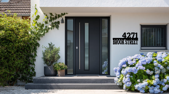 Textured surface of the modern metal house number sign reveals the intricate details of the decoration wall art, contrasted by the smooth door.