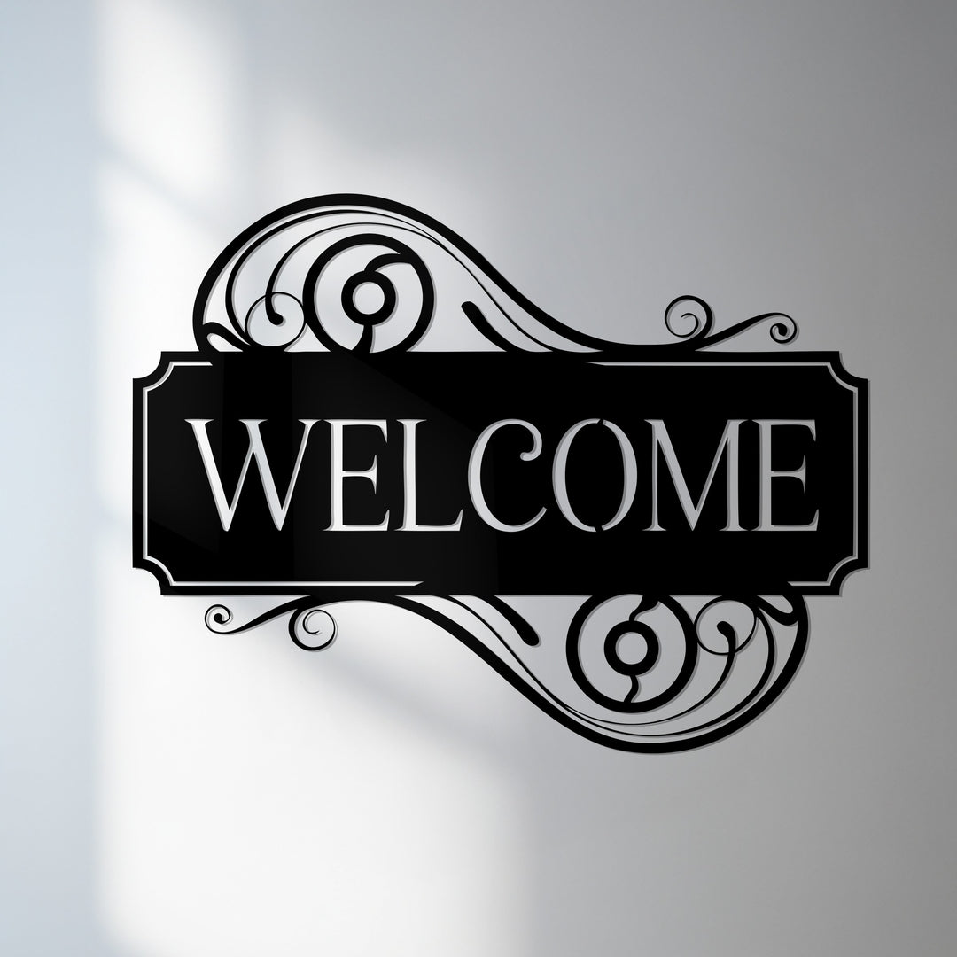 Welcome metal wall art with scroll design