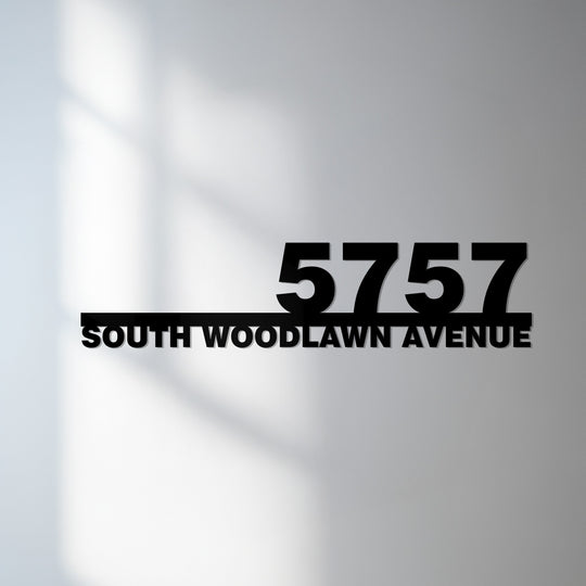 The focal point shows the modern horizontal house number sign crafted from metal artwork, displaying '5757 South Woodlawn Avenue' with clean lines.