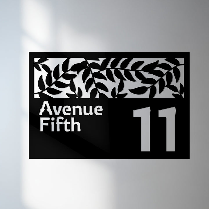 Leaf design metal house number sign with street name