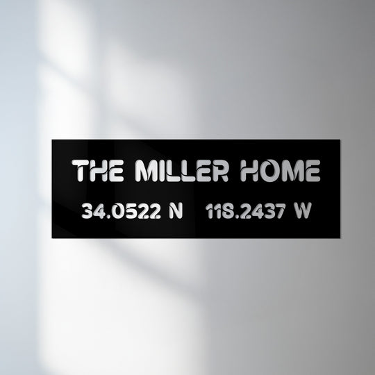 Crafted with durable material, this customized metal artwork for the Miller home sign with precise GPS coordinates offers a sleek and modern display.