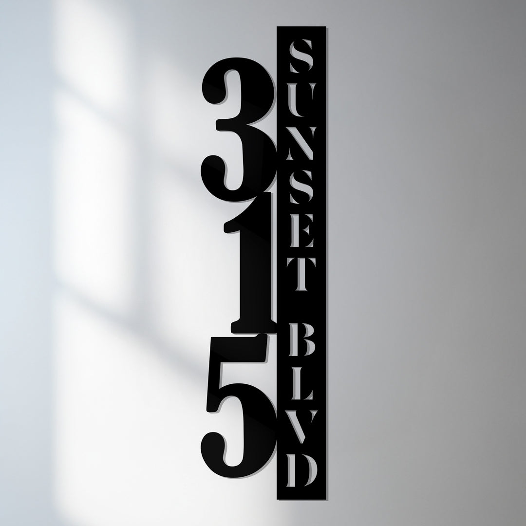 Vertical metal house numbers with street name display