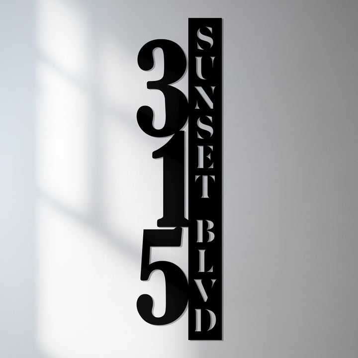 Vertical metal house numbers with street name display