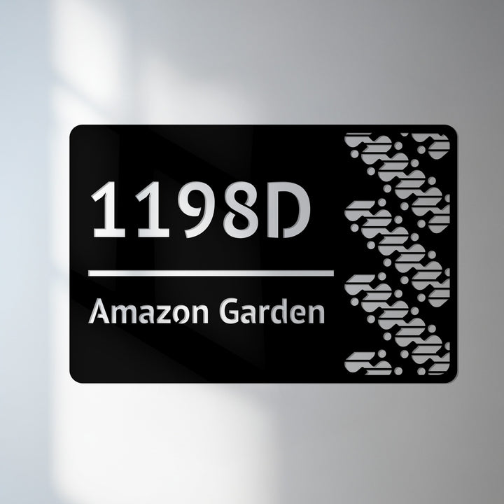 Abstract metal address sign with geometric pattern