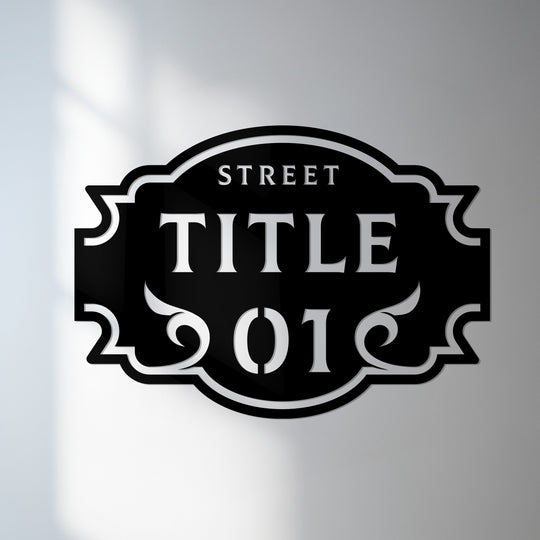 Smoothly shifting shades define the ornamental metal artwork house address sign, casting subtle shadows and enhancing the plaque's dimensional design.