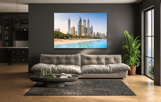 Layering in the beachside glass art painting, showcasing the Dubai skyline, creates a vibrant depth with modern architecture and the calming horizon.