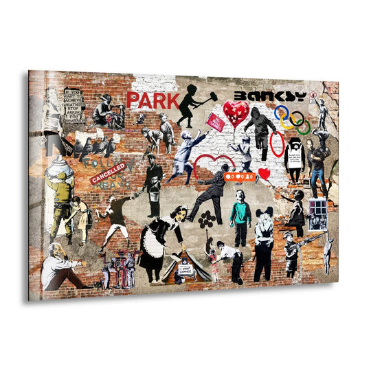 Mix Banksy Art Glass Wall Art displays a famous graffiti collage with modern street art prints on glass from the Banksy wall art collection