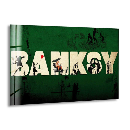 A green and white glass wall art collage of Banksy graffiti art makes for unique street art and Banksy wall decor