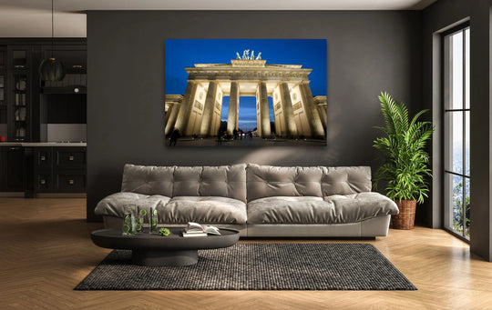 Dramatic color contrast highlights the Brandenburg Gate at twilight, a striking example of best glass art, showcased as stunning city wall art.