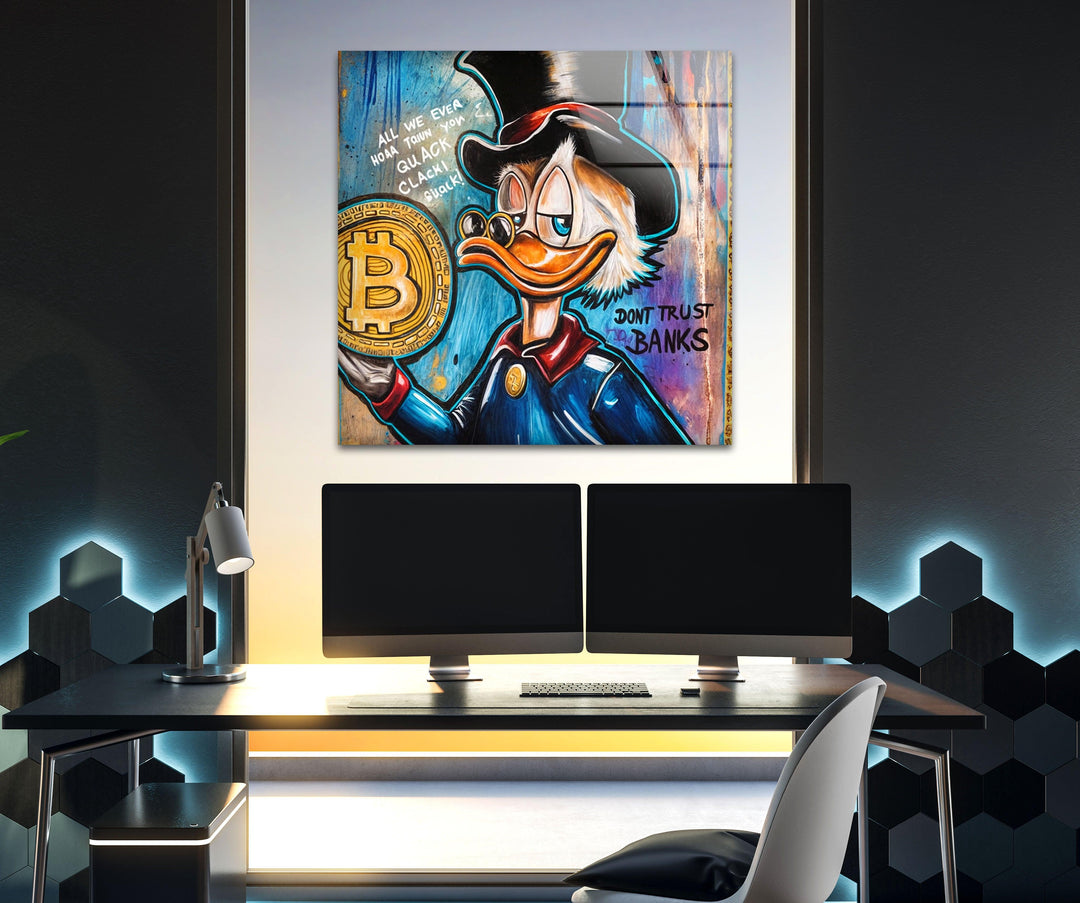 Bitcoin & Rich Duck Glass Wall Art art glass wall art, glass wall art pictures
