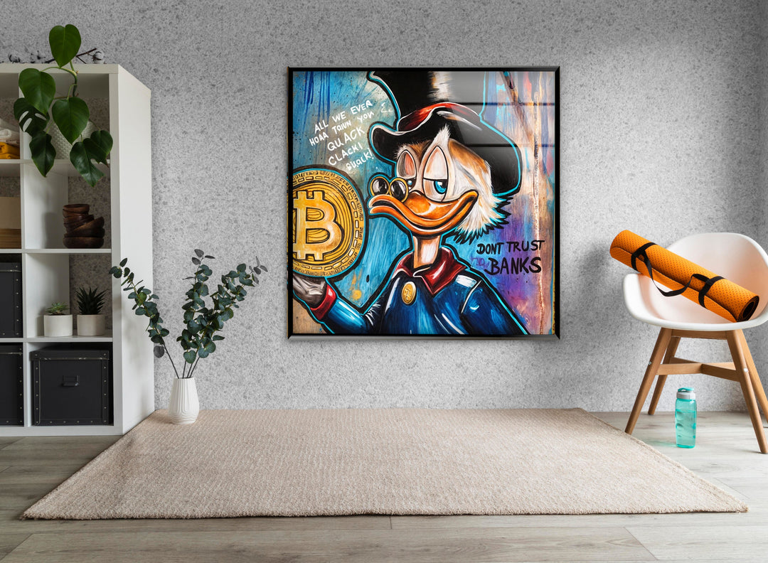 Bitcoin & Rich Duck Glass Wall Art glass art painting, glass art for the Wall
