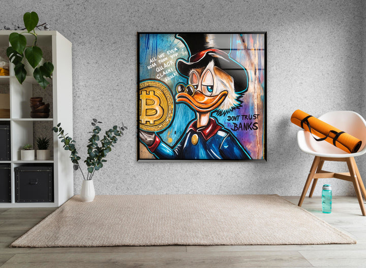 Bitcoin & Rich Duck Glass Wall Art glass art painting, glass art for the Wall
