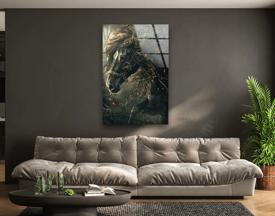 Majestic black horse in print wall art with a glossy finish.