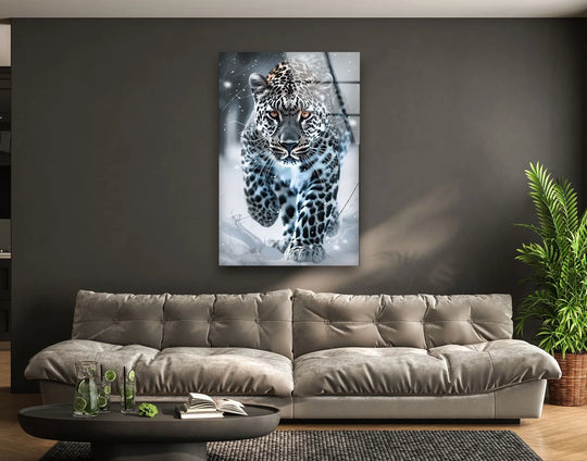 A fierce black and white leopard emerges from snowy mist in this dramatic glass art painting.