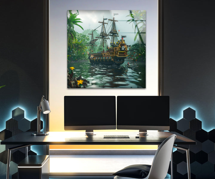 A realistic pirate ship with towering sails navigating through a jungle river landscape.
