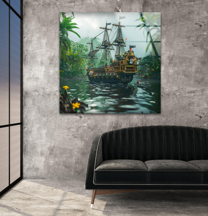 A fantasy-inspired pirate ship sailing through a mysterious tropical rainforest.
