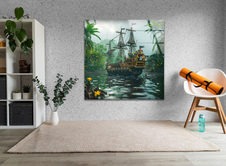 Lush greenery and a majestic pirate vessel create an adventurous glass wall art piece.
