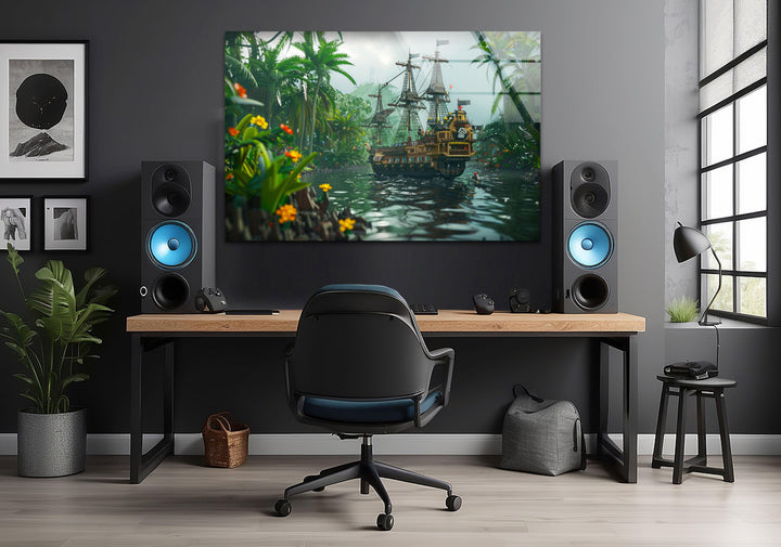 A beautifully illustrated jungle scene with a historic ship in a hidden tropical paradise.
