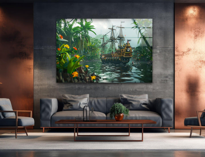 The perfect blend of nature and adventure—a pirate ship gliding through a jungle lagoon.
