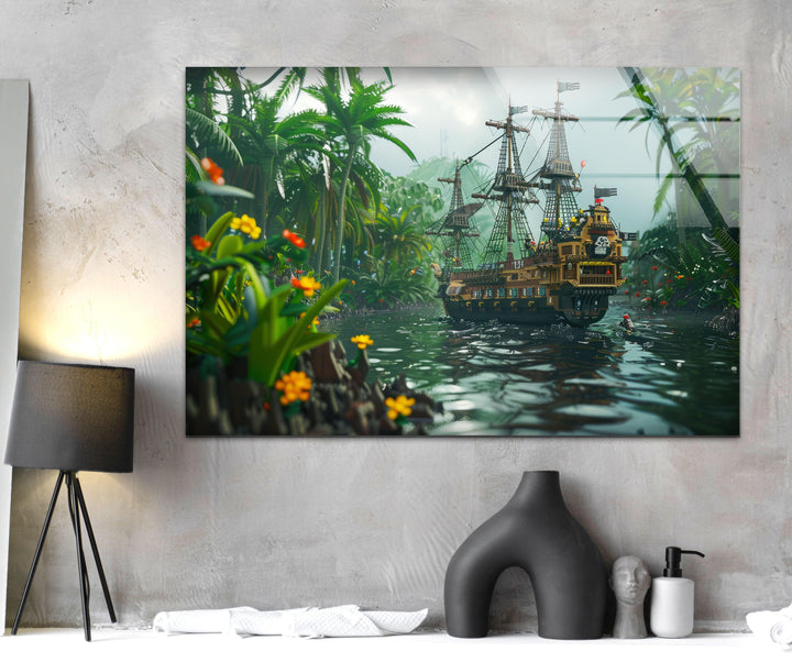 A breathtaking glass wall art of a pirate ship surrounded by vibrant foliage and misty waters.






