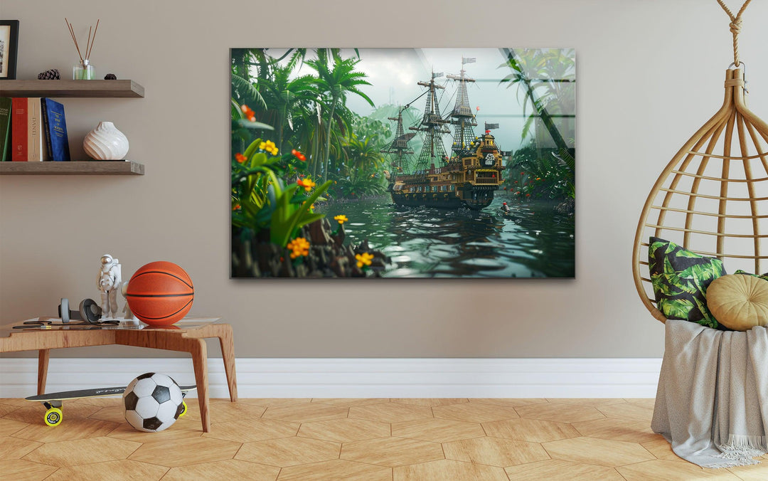 A mystical pirate ship sailing through a lush jungle river, surrounded by vibrant greenery.
