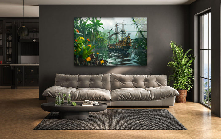 Stunning digital artwork of a pirate ship navigating a tropical river with dense palm trees.
