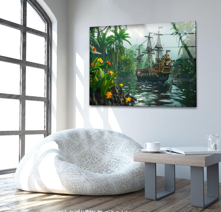 A cinematic jungle scene featuring an intricately detailed pirate ship on calm waters.
