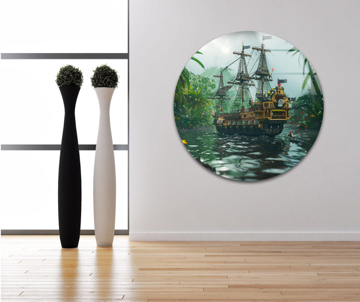 Exotic jungle river setting with a legendary pirate ship floating through the mist.
