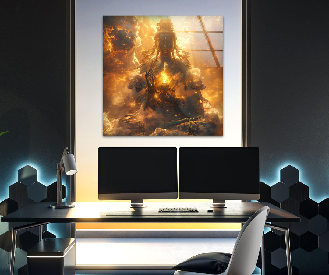 Buddha on the Cloud Glass Wall Art Decor 