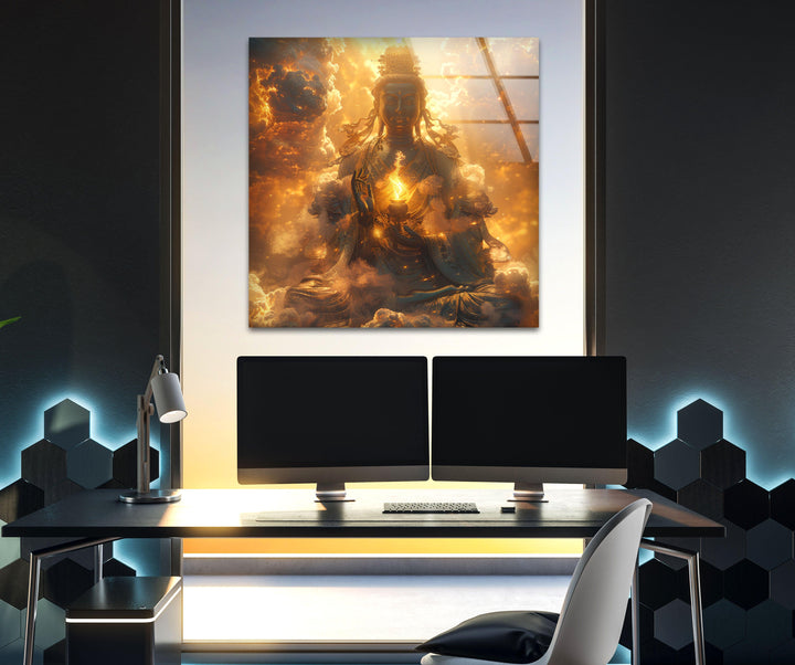 Buddha on the Cloud Glass Wall Art Decor 