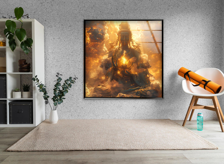 Buddha on the Cloud Glass Wall Artwork | Custom Glass Photos