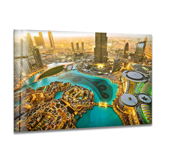 Stunning aerial view showcasing the Dubai skyline with the Burj Khalifa and modern architecture displayed as art from glass in a sleek wall art print.