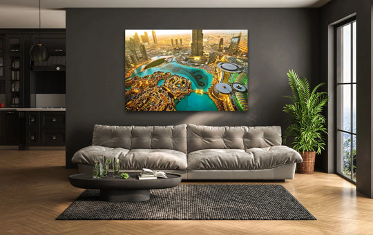 Showcasing the focal point of Dubai's dazzling cityscape, this glass wall artwork offers a modern architectural view with intricate details.