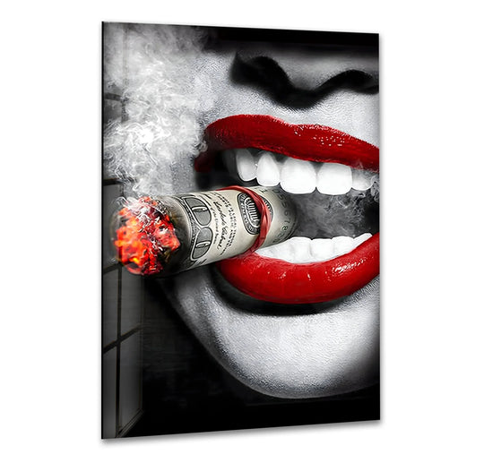 Close-up on a woman's bold red lips biting a burning hundred-dollar bill cigar, a striking glass art painting.