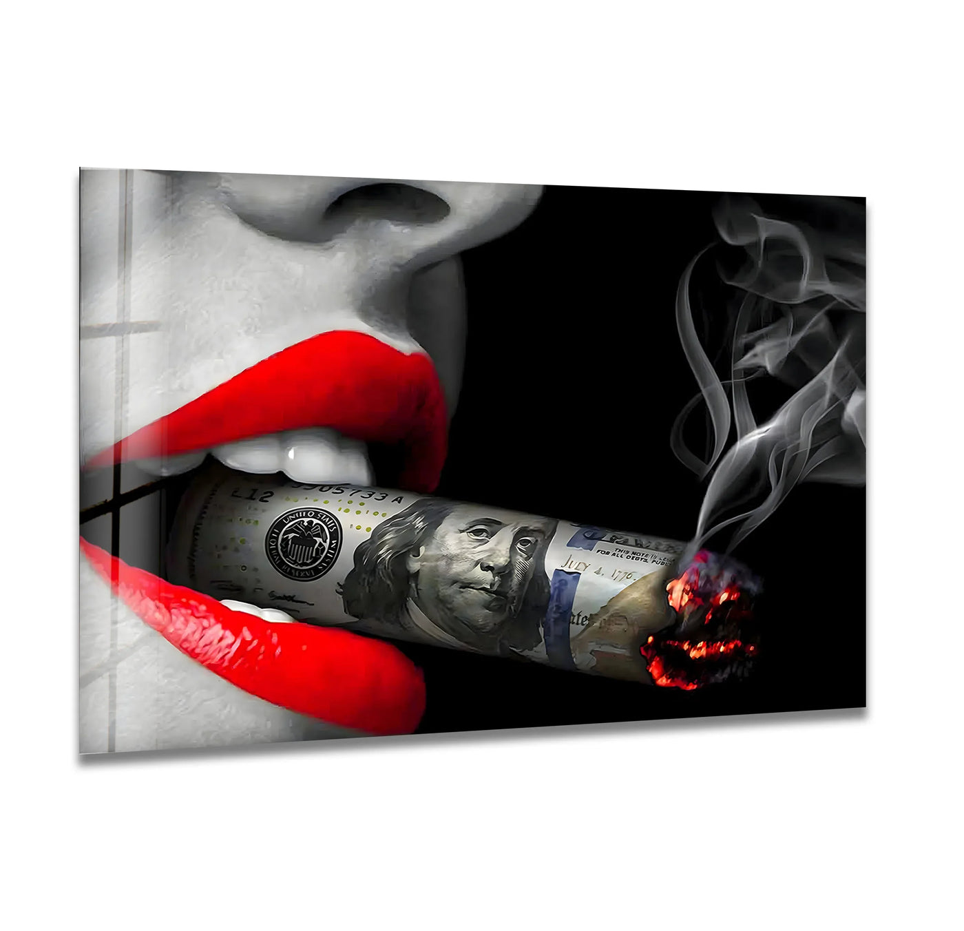 A striking close-up of a woman with vibrant red lips smoking a hundred-dollar bill cigar, presented as glass wall art decor.