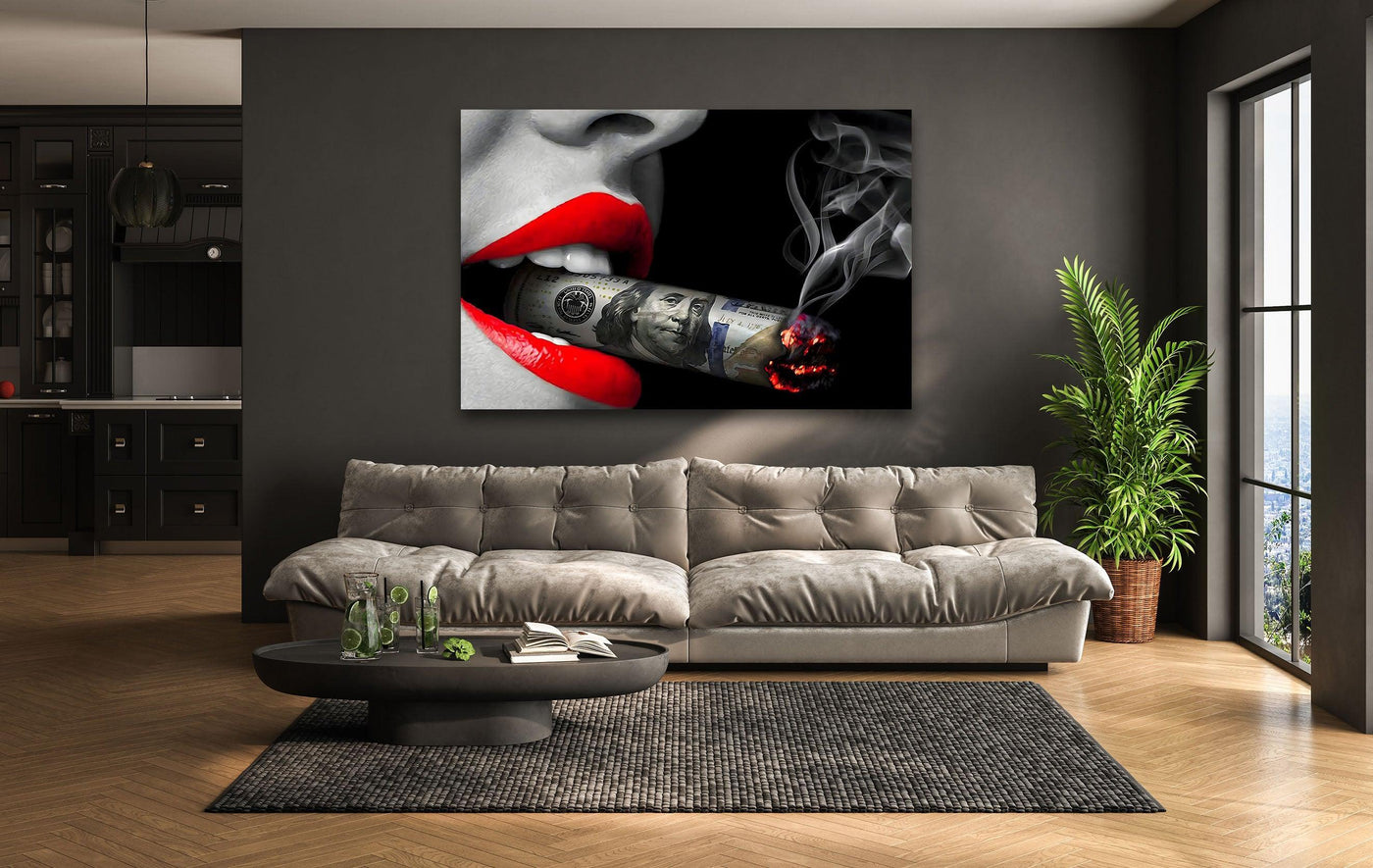 A woman's crimson lips on tempered glass wall art reveal a hundred-dollar bill cigar with fiery embers and wisps of smoke, creating a captivating depth.