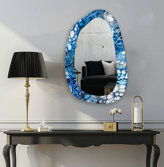 Brightest reflection highlights the Blue Marbled decorative stained glass wall mirror, showcasing the best glass art in an oval, asymmetric design.