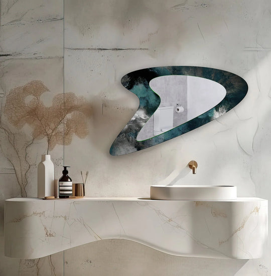 asymmetric mirror with an irregular gray abstract marbling design a modern bathroom wall mirror showing a bathroom reflection
