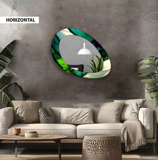 Reflecting depth and layers, this living room mirror features an oval design with a stained-glass aesthetic, adding dimension to any space like the best modern wall mirrors.
